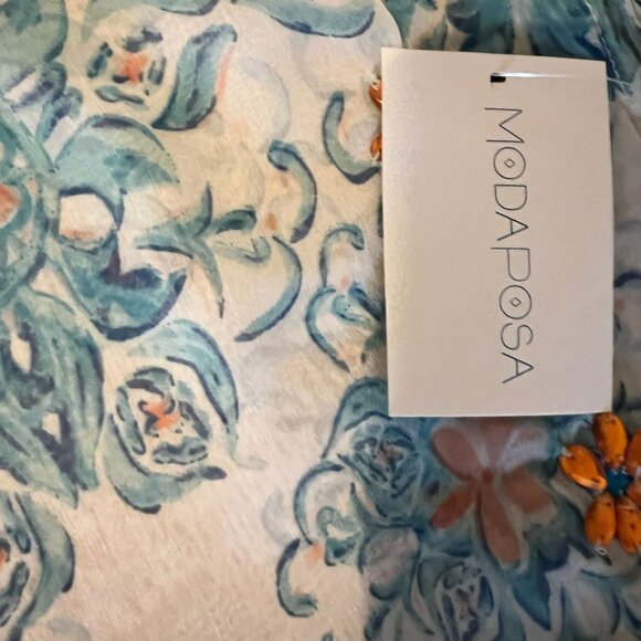 Modaposa Womens Floral Embellished Tunic Top Blue White 100% Polyester - Picture 7 of 9